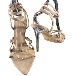 Olivia Ferguson Suede Stiletto Shoe Ankle Wrap Clear High Heel Open Toe Sandal